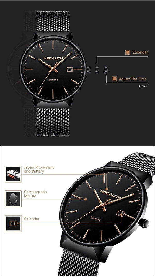 Planet Gates black gold Watch Men Luxury Waterproof Date Calendar Mens Watches Black Stainless Steel Mesh Quartz Watch Gents Relogio Masculino