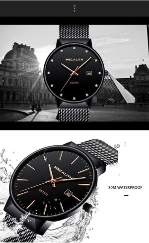 Planet Gates black gold Watch Men Luxury Waterproof Date Calendar Mens Watches Black Stainless Steel Mesh Quartz Watch Gents Relogio Masculino