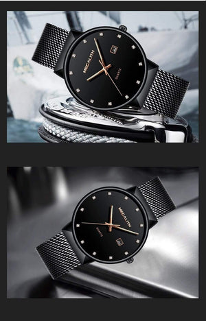 Planet Gates black gold Watch Men Luxury Waterproof Date Calendar Mens Watches Black Stainless Steel Mesh Quartz Watch Gents Relogio Masculino