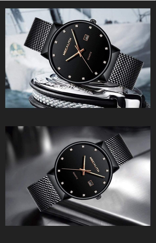 Planet Gates black gold Watch Men Luxury Waterproof Date Calendar Mens Watches Black Stainless Steel Mesh Quartz Watch Gents Relogio Masculino