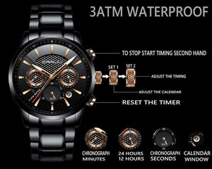 Planet Gates black golden Men Watch 30m Waterproof Mens Watches Top Brand Luxury Steel Watch Chronograph Male Clock Saat relojes hombre
