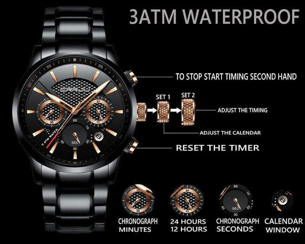 Planet Gates black golden Men Watch 30m Waterproof Mens Watches Top Brand Luxury Steel Watch Chronograph Male Clock Saat relojes hombre