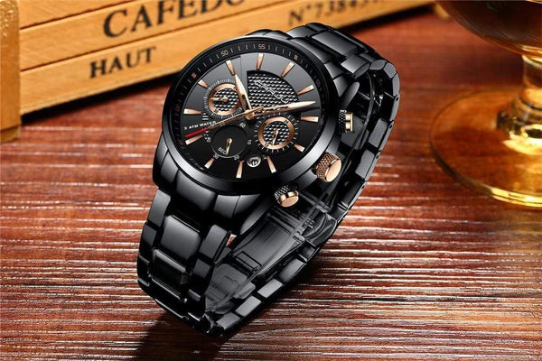 Planet Gates black golden Men Watch 30m Waterproof Mens Watches Top Brand Luxury Steel Watch Chronograph Male Clock Saat relojes hombre