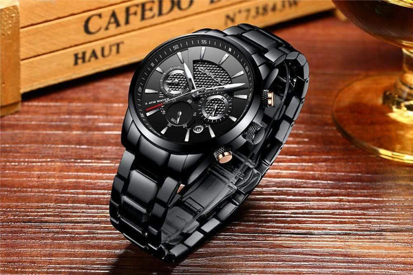 Planet Gates black golden Men Watch 30m Waterproof Mens Watches Top Brand Luxury Steel Watch Chronograph Male Clock Saat relojes hombre