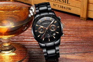 Planet Gates black golden Men Watch 30m Waterproof Mens Watches Top Brand Luxury Steel Watch Chronograph Male Clock Saat relojes hombre