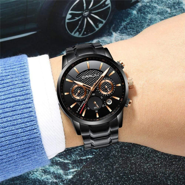 Planet Gates black golden Men Watch 30m Waterproof Mens Watches Top Brand Luxury Steel Watch Chronograph Male Clock Saat relojes hombre