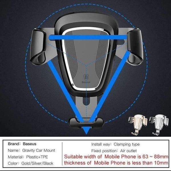 Planet Gates Black Gravity Car Holder For iPhone Samsung Cell Mobile Phone Holder 360 Degree GPS Air Vent Mount Clip Car Phone Holder Stand