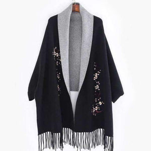 Planet Gates Black gray / 190cmX65cm Design with sleeve Poncho scarf winter warm  cashmere Embroidery Cape tassel Blanket wrapped scarf shawl For Women