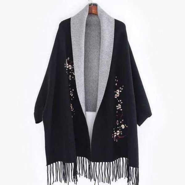 Planet Gates Black gray / 190cmX65cm Design with sleeve Poncho scarf winter warm  cashmere Embroidery Cape tassel Blanket wrapped scarf shawl For Women