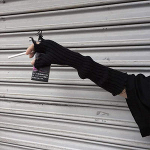 Planet Gates Black Gray Beige Tattered Punk Unisex Fingerless Cuff Knit Gloves Women Men Elbow Length Mittens Broken Cool Stretch Arm Warmer