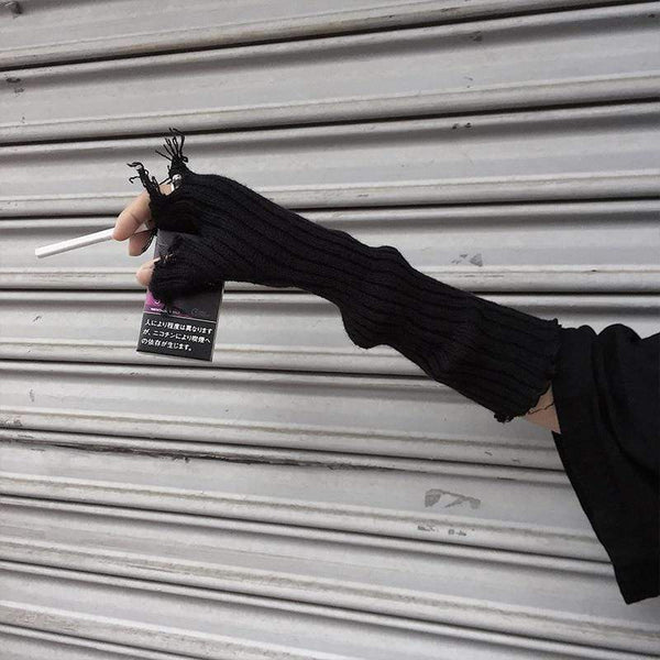 Planet Gates Black Gray Beige Tattered Punk Unisex Fingerless Cuff Knit Gloves Women Men Elbow Length Mittens Broken Cool Stretch Arm Warmer