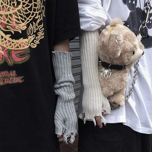 Planet Gates Black Gray Beige Tattered Punk Unisex Fingerless Cuff Knit Gloves Women Men Elbow Length Mittens Broken Cool Stretch Arm Warmer