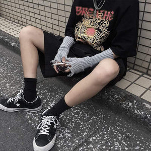 Planet Gates Black Gray Beige Tattered Punk Unisex Fingerless Cuff Knit Gloves Women Men Elbow Length Mittens Broken Cool Stretch Arm Warmer