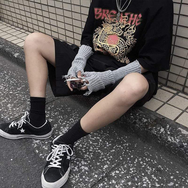 Planet Gates Black Gray Beige Tattered Punk Unisex Fingerless Cuff Knit Gloves Women Men Elbow Length Mittens Broken Cool Stretch Arm Warmer