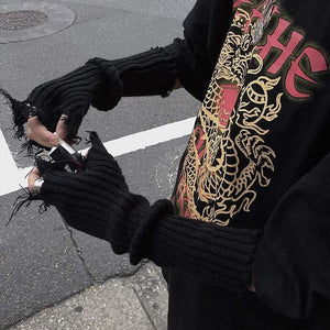 Planet Gates Black Gray Beige Tattered Punk Unisex Fingerless Cuff Knit Gloves Women Men Elbow Length Mittens Broken Cool Stretch Arm Warmer