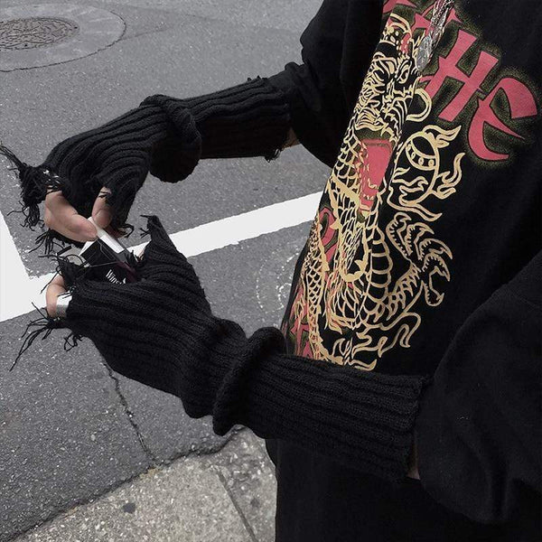 Planet Gates Black Gray Beige Tattered Punk Unisex Fingerless Cuff Knit Gloves Women Men Elbow Length Mittens Broken Cool Stretch Arm Warmer