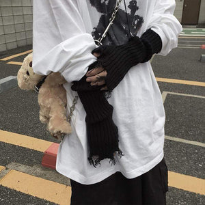 Planet Gates Black Gray Beige Tattered Punk Unisex Fingerless Cuff Knit Gloves Women Men Elbow Length Mittens Broken Cool Stretch Arm Warmer