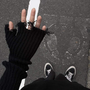 Planet Gates Black Gray Beige Tattered Punk Unisex Fingerless Cuff Knit Gloves Women Men Elbow Length Mittens Broken Cool Stretch Arm Warmer
