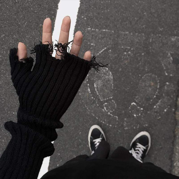 Planet Gates Black Gray Beige Tattered Punk Unisex Fingerless Cuff Knit Gloves Women Men Elbow Length Mittens Broken Cool Stretch Arm Warmer