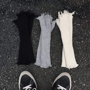 Planet Gates Black Gray Beige Tattered Punk Unisex Fingerless Cuff Knit Gloves Women Men Elbow Length Mittens Broken Cool Stretch Arm Warmer