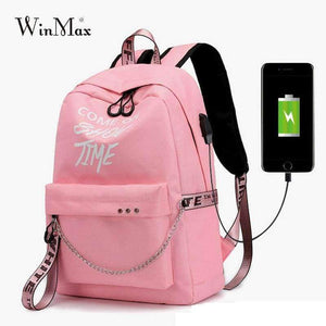Planet Gates black gray Winmax Luminous USB Badge Women Backpack Fashion Letters Print School Bag Girls Teenager Chain Backpack Bolsa Mochilas Sac A Dos