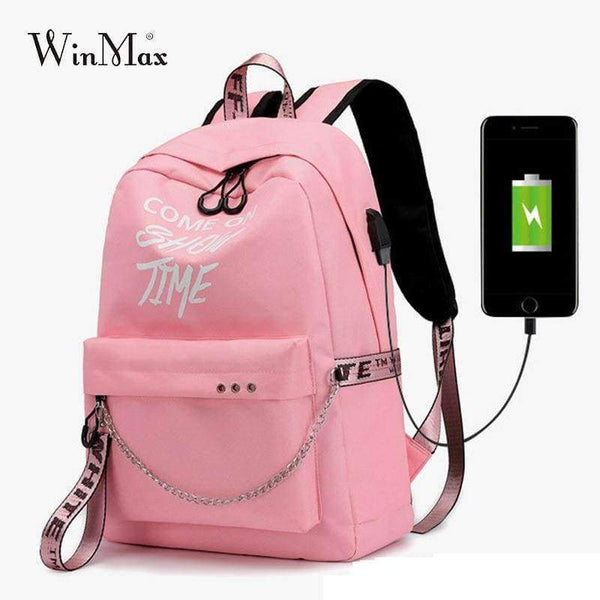 Planet Gates black gray Winmax Luminous USB Badge Women Backpack Fashion Letters Print School Bag Girls Teenager Chain Backpack Bolsa Mochilas Sac A Dos