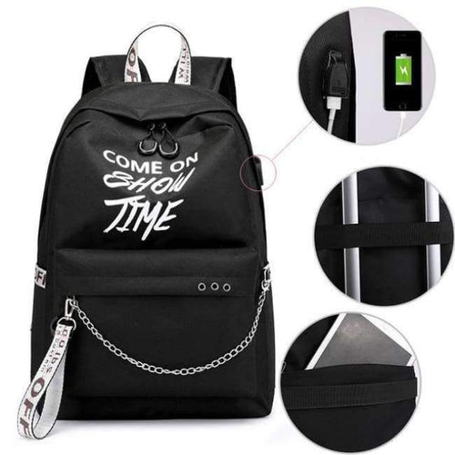 Planet Gates black gray Winmax Luminous USB Badge Women Backpack Fashion Letters Print School Bag Girls Teenager Chain Backpack Bolsa Mochilas Sac A Dos