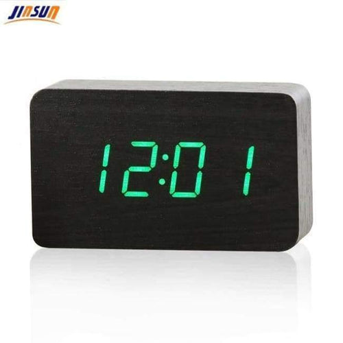 Planet Gates Black-Green JINSUN Wood Bamboo LED Alarm Clock Reloj Despertador Modern Temperature Desk Clock LED Electronic Desktop Digital Table Clock