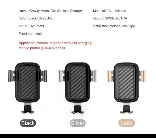 Planet Gates Black H&A Qi Wireless Charger Car Holder For iPhone X 10 For Samsung S8 S9 Fast Car Mount Wireless Charging Phone Holder Stand Charger