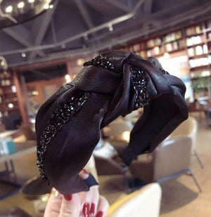Rhinestone Hairband Women Solid Wide Side Headband Middle Knot Turban Girls Autumn Winter Hair Accessories Headwear
