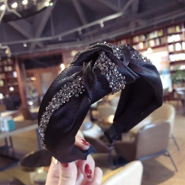 Rhinestone Hairband Women Solid Wide Side Headband Middle Knot Turban Girls Autumn Winter Hair Accessories Headwear