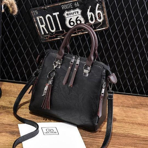 Planet Gates Black Handbag / (20cm<Max Length<30cm) Vintage Leather Ladies HandBags Women Messenger Bags TotesTassel Designer Crossbody Shoulder Bag Boston Hand Bags Hot Sale
