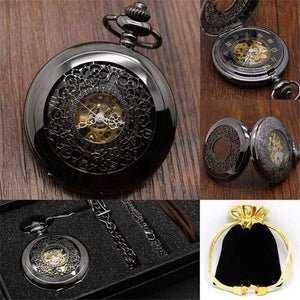 Planet Gates Black Hollow Flower Mechanical Pocket Watch Set Luxury Pendant Watch for Men Men with Pocket & Necklace Chain Pouch Bag