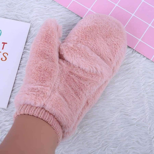 Planet Gates Black Hot Sell Winter Thickened Whole Covered Finger Mittens for Women Plush Gloves Fluffy Rabbit Dual-layer Hang on Neck Type Mittens