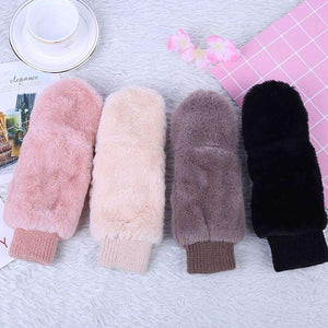 Planet Gates Black Hot Sell Winter Thickened Whole Covered Finger Mittens for Women Plush Gloves Fluffy Rabbit Dual-layer Hang on Neck Type Mittens