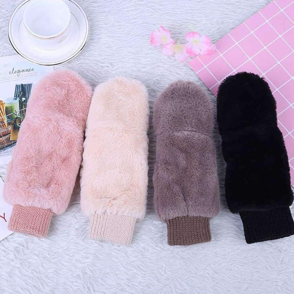 Planet Gates Black Hot Sell Winter Thickened Whole Covered Finger Mittens for Women Plush Gloves Fluffy Rabbit Dual-layer Hang on Neck Type Mittens