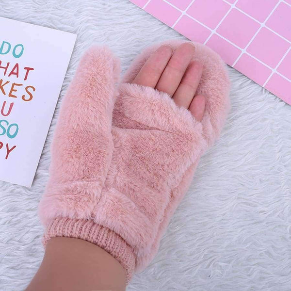 Planet Gates Black Hot Sell Winter Thickened Whole Covered Finger Mittens for Women Plush Gloves Fluffy Rabbit Dual-layer Hang on Neck Type Mittens