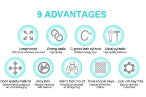 Planet Gates Black Key 180cm Bike Lock 1.8m 1.4m Bicycle Cable Lock Anti-theft Lock with 3 Keys Cycling Steel Wire Security MTB Road Bicycle Locks