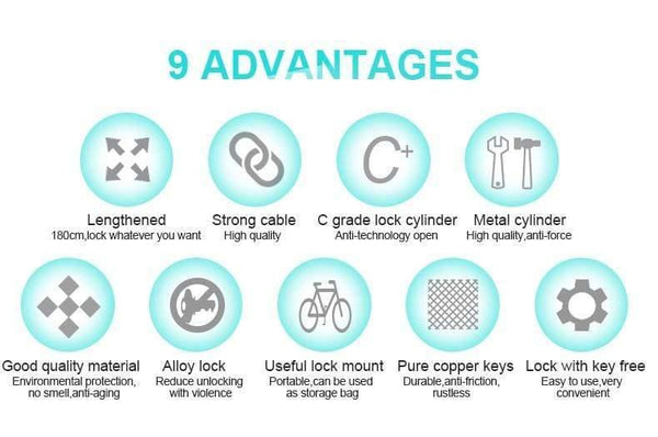 Planet Gates Black Key 180cm Bike Lock 1.8m 1.4m Bicycle Cable Lock Anti-theft Lock with 3 Keys Cycling Steel Wire Security MTB Road Bicycle Locks