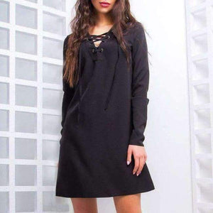 Planet Gates Black / L 2018 Autumn Fashion Criss Cross Dress Women Solid Colour V-Neck Lace-up Mini Dresses Long Sleeve Casual Dress Vestidos