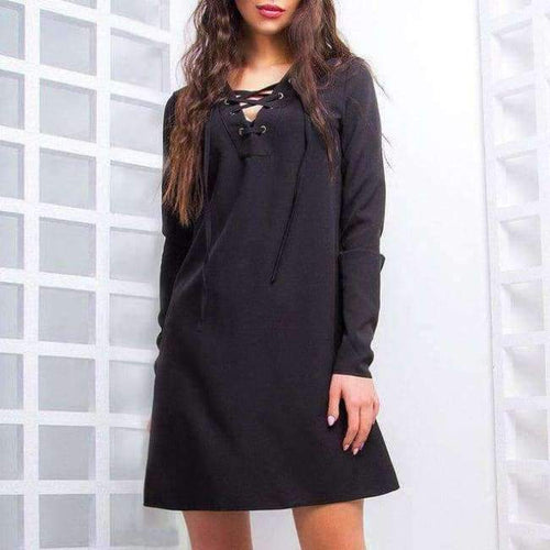 Planet Gates Black / L 2018 Autumn Fashion Criss Cross Dress Women Solid Colour V-Neck Lace-up Mini Dresses Long Sleeve Casual Dress Vestidos