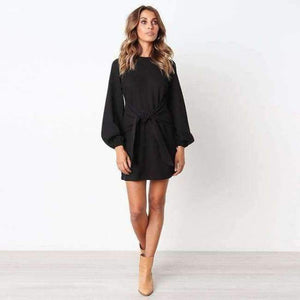 Planet Gates Black / L 2018 Women Dress Female Crew Neck LongSleeve Self Tie Knot Casual Mini T Shirt Womens Bodycon Dresses