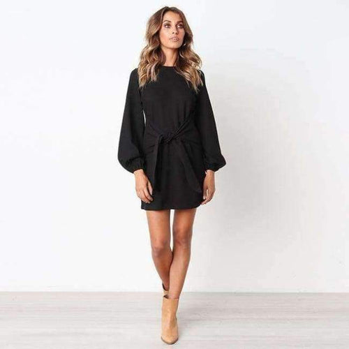 Planet Gates Black / L 2018 Women Dress Female Crew Neck LongSleeve Self Tie Knot Casual Mini T Shirt Womens Bodycon Dresses