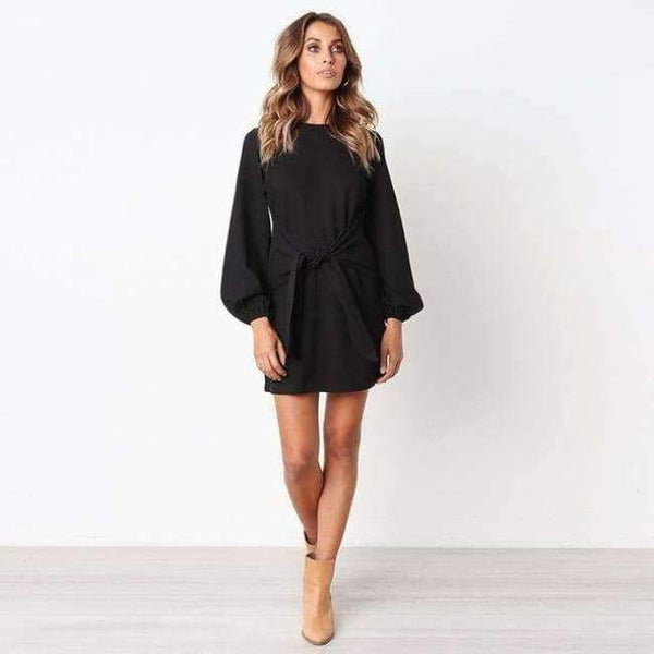 Planet Gates Black / L 2018 Women Dress Female Crew Neck LongSleeve Self Tie Knot Casual Mini T Shirt Womens Bodycon Dresses
