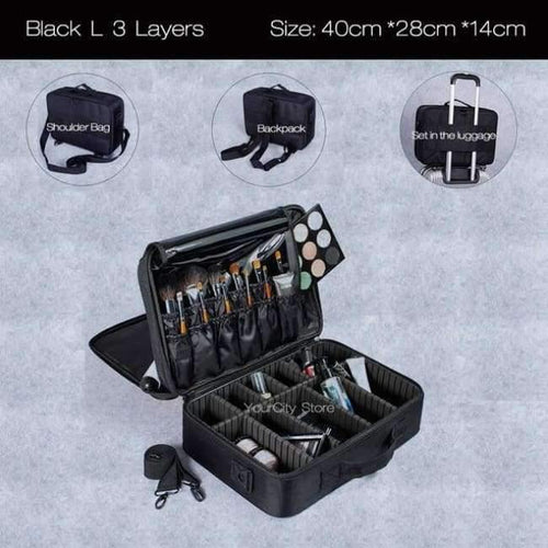 Planet Gates Black L 3 Layers Fashion Cosmetic Bag Travel Makeup Organizer Professional Make Up Box Cosmetics Pouch Bags Beauty Case For Makeup Artist