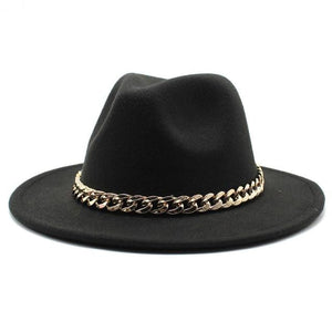 Planet Gates Black / L(58-60cm) American Big Chain Fedoras Faux Woolen Brim Felt Cap Jazz Men Women Hat