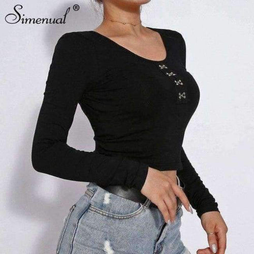 Planet Gates black / L Autumn crop top long sleeve female t-shirt cotton slim sexy black fashion women's t-shirts 2018 soild basic tops tees