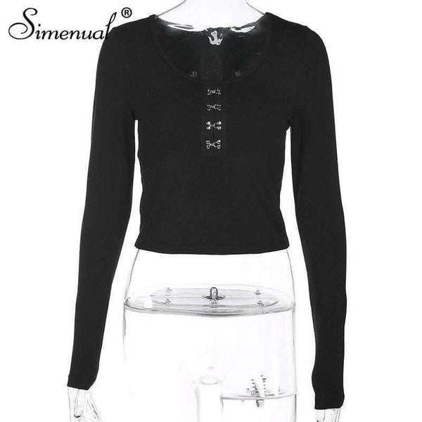 Planet Gates black / L Autumn crop top long sleeve female t-shirt cotton slim sexy black fashion women's t-shirts 2018 soild basic tops tees