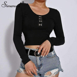 Planet Gates black / L Autumn crop top long sleeve female t-shirt cotton slim sexy black fashion women's t-shirts 2018 soild basic tops tees