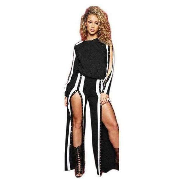 Planet Gates Black / L Autumn new fashion Ladies Striped suits with Button Casual Pullover Top Women Sets Female Clothes Split pants QZ2436